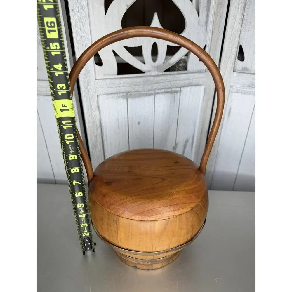 Antique Chinese Wooden Wedding Basket Handle And Lid Wood Asian Decor VTG